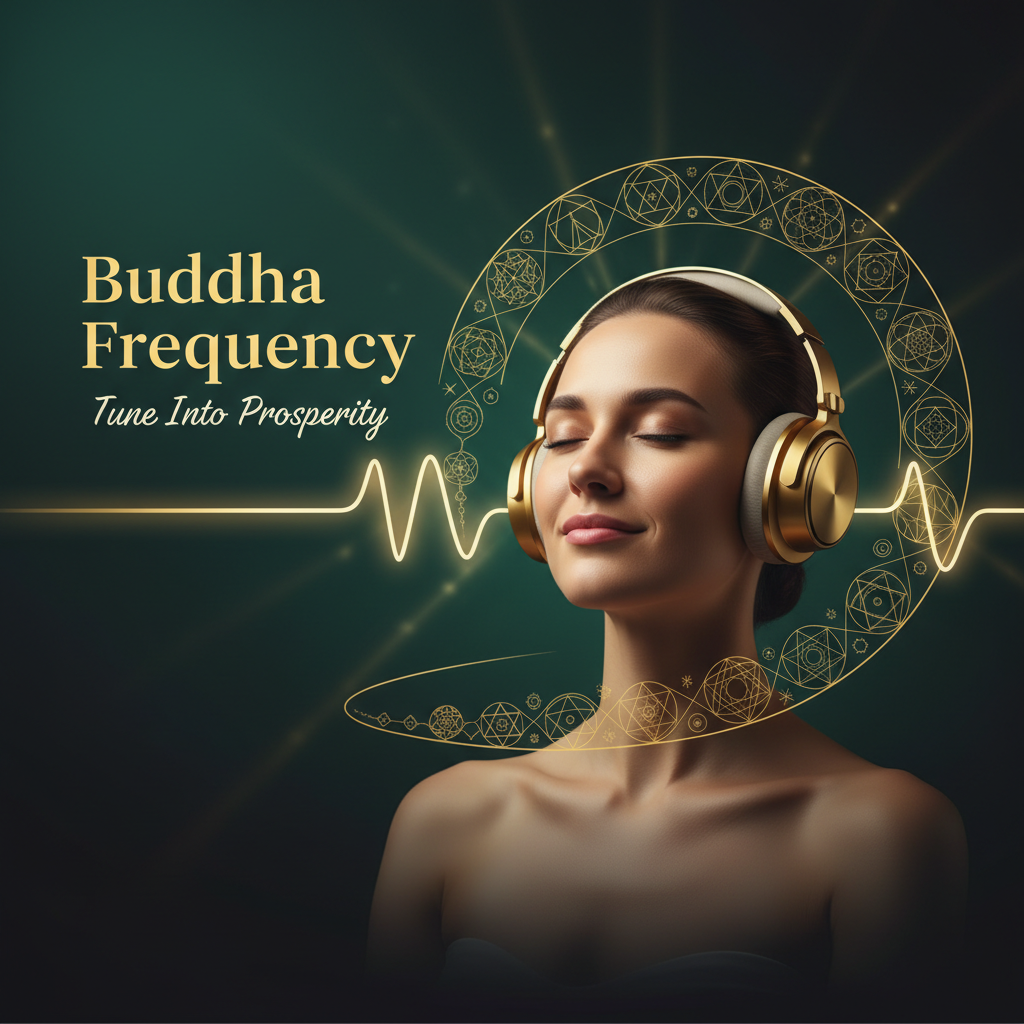 Woman listening to The Buddha Frequency audio with headphones